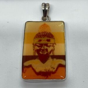 Vtg Sterling silver & Glazed Ceramic Painted Buddha Pendant Large 2” x .9”